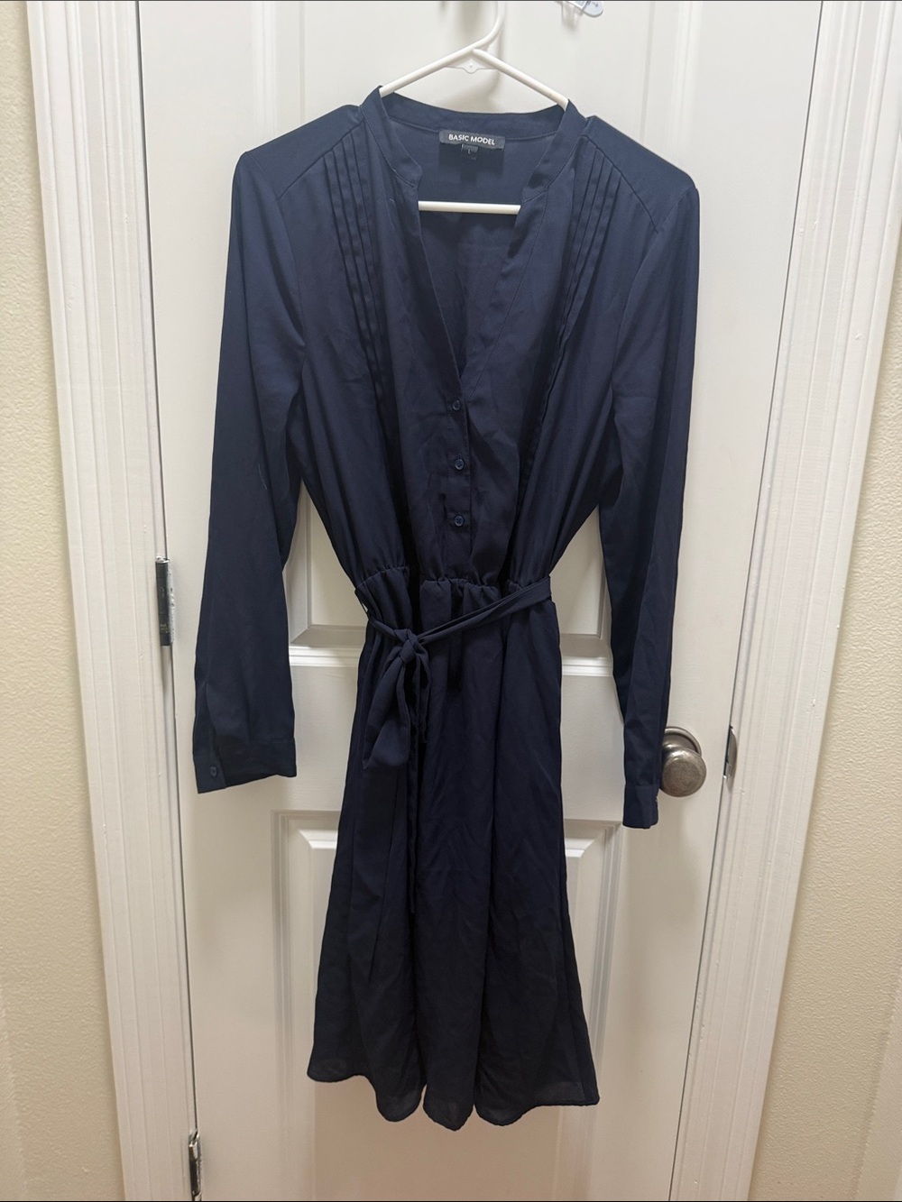 Navy Long-Sleeve Belted Shirt Dress
